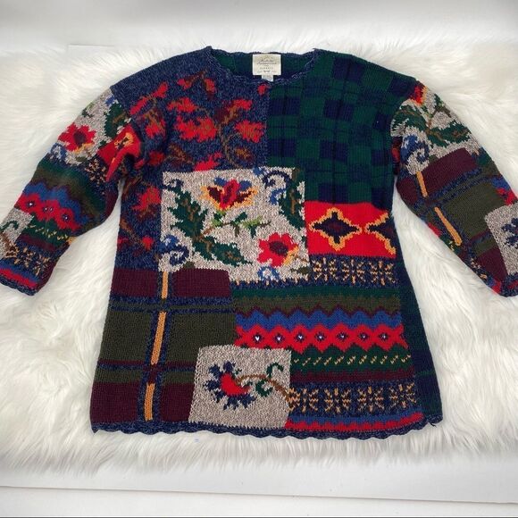 Vintage handKnit Sweater patchwork mixed print medium plaid floral handkerchief - Picture 3 of 5